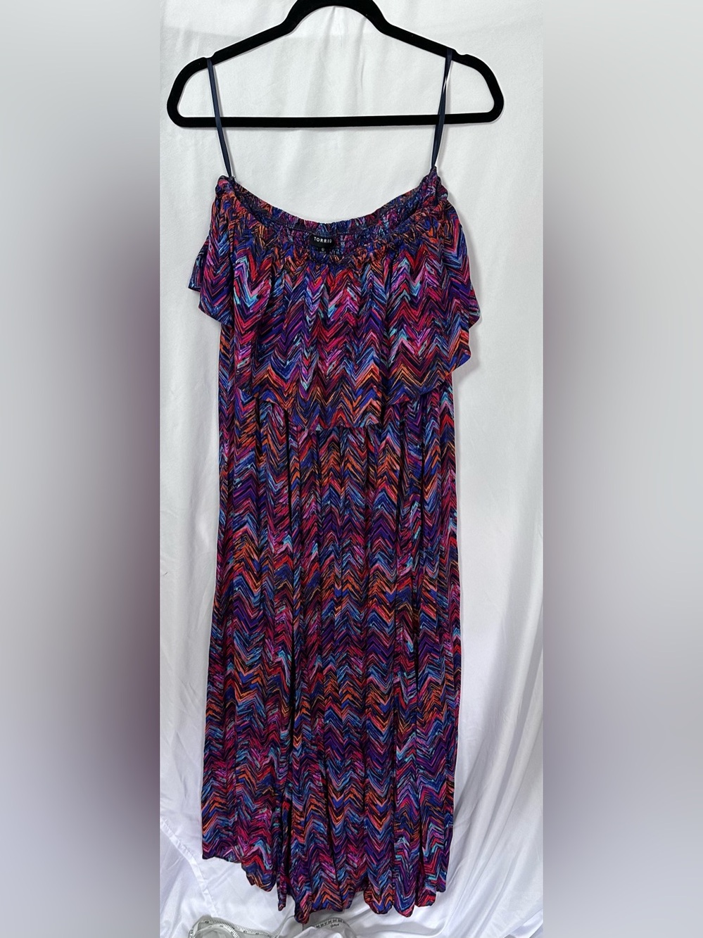 Torrid Strapless Chevron Print Ruffle Maxi Dress in Multicolors Size 0